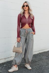 Dreamboat Babe Ribbed Zip-Up Top (Wine) - NanaMacs