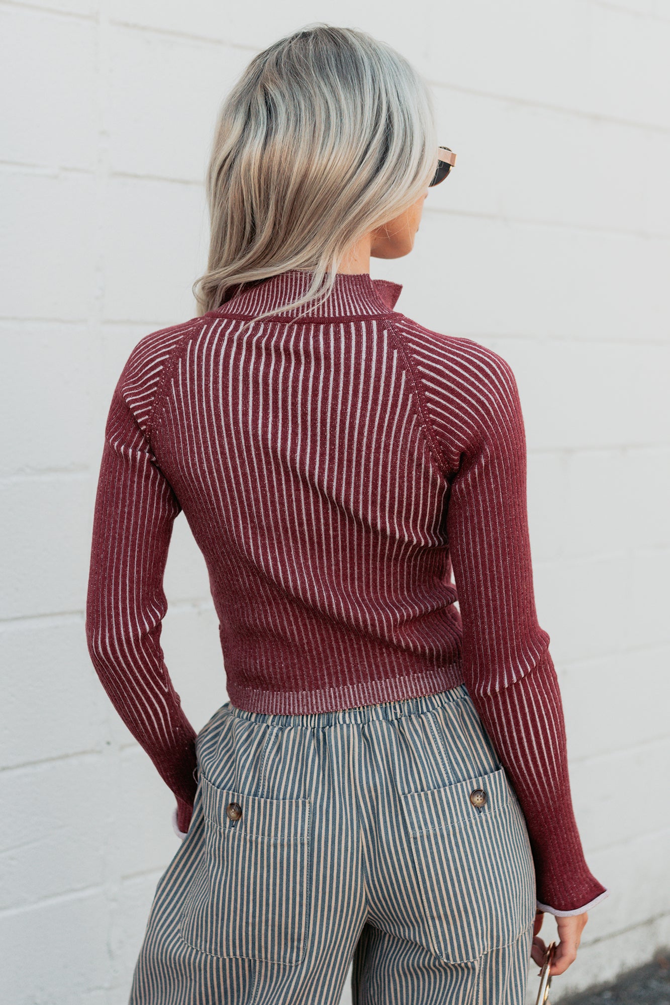 Dreamboat Babe Ribbed Zip-Up Top (Wine) - NanaMacs