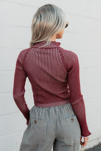 Dreamboat Babe Ribbed Zip-Up Top (Wine) - NanaMacs