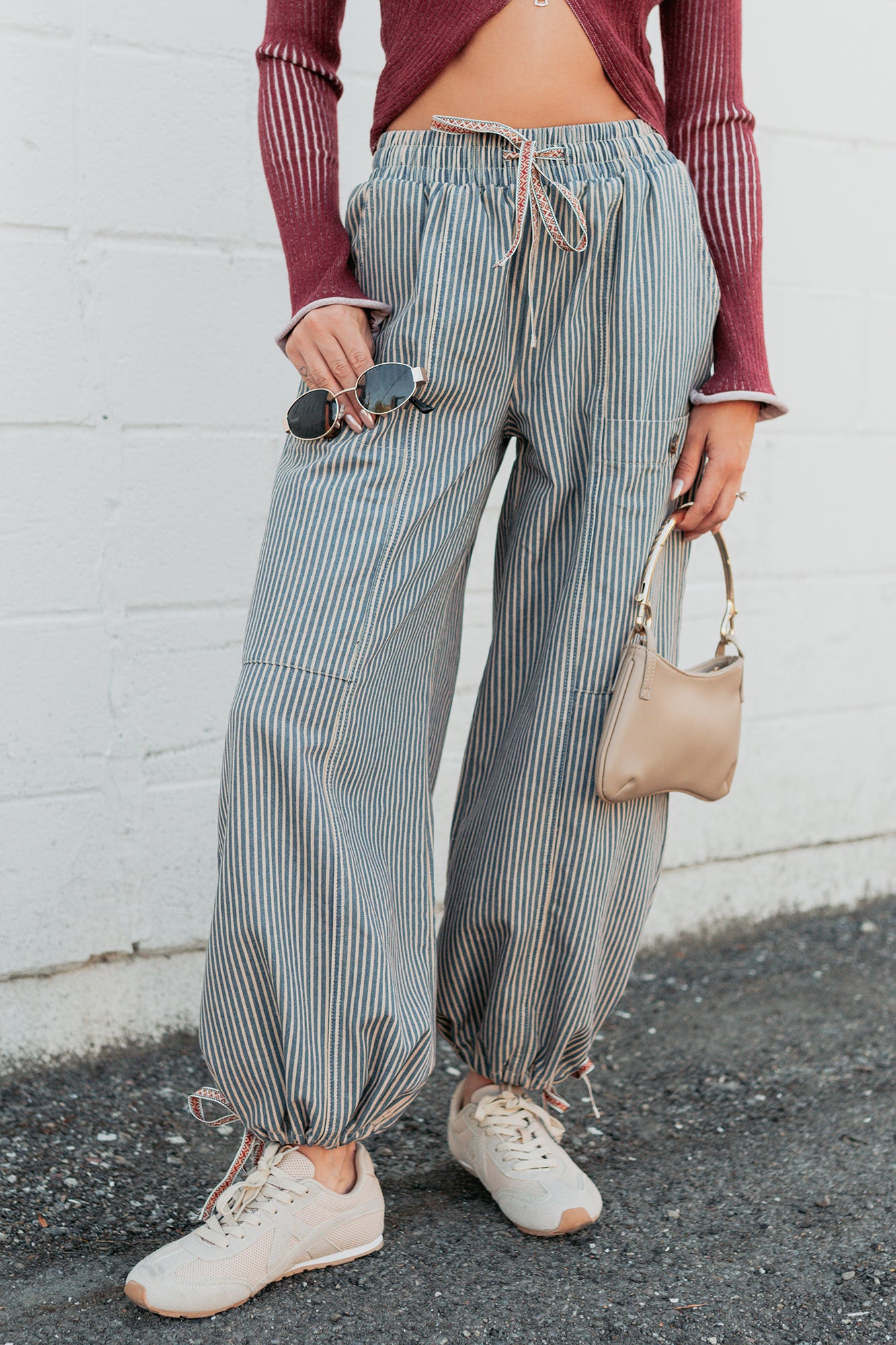 Restless Heart Striped Wide Leg Drawstring Pants (Latte) - NanaMacs