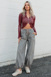 Dreamboat Babe Ribbed Zip-Up Top (Wine) - NanaMacs