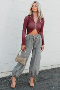 Dreamboat Babe Ribbed Zip-Up Top (Wine) - NanaMacs