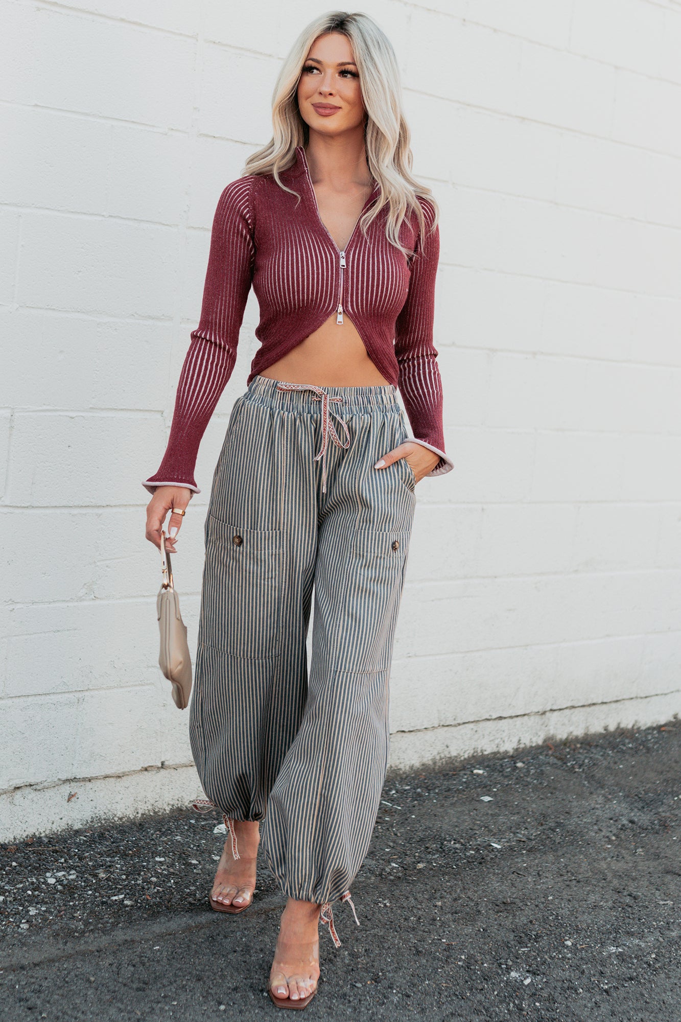 Restless Heart Striped Wide Leg Drawstring Pants (Latte) - NanaMacs