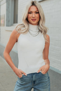 Call It Home Ribbed Knit Mock Neck Tank Top (Off White) - NanaMacs