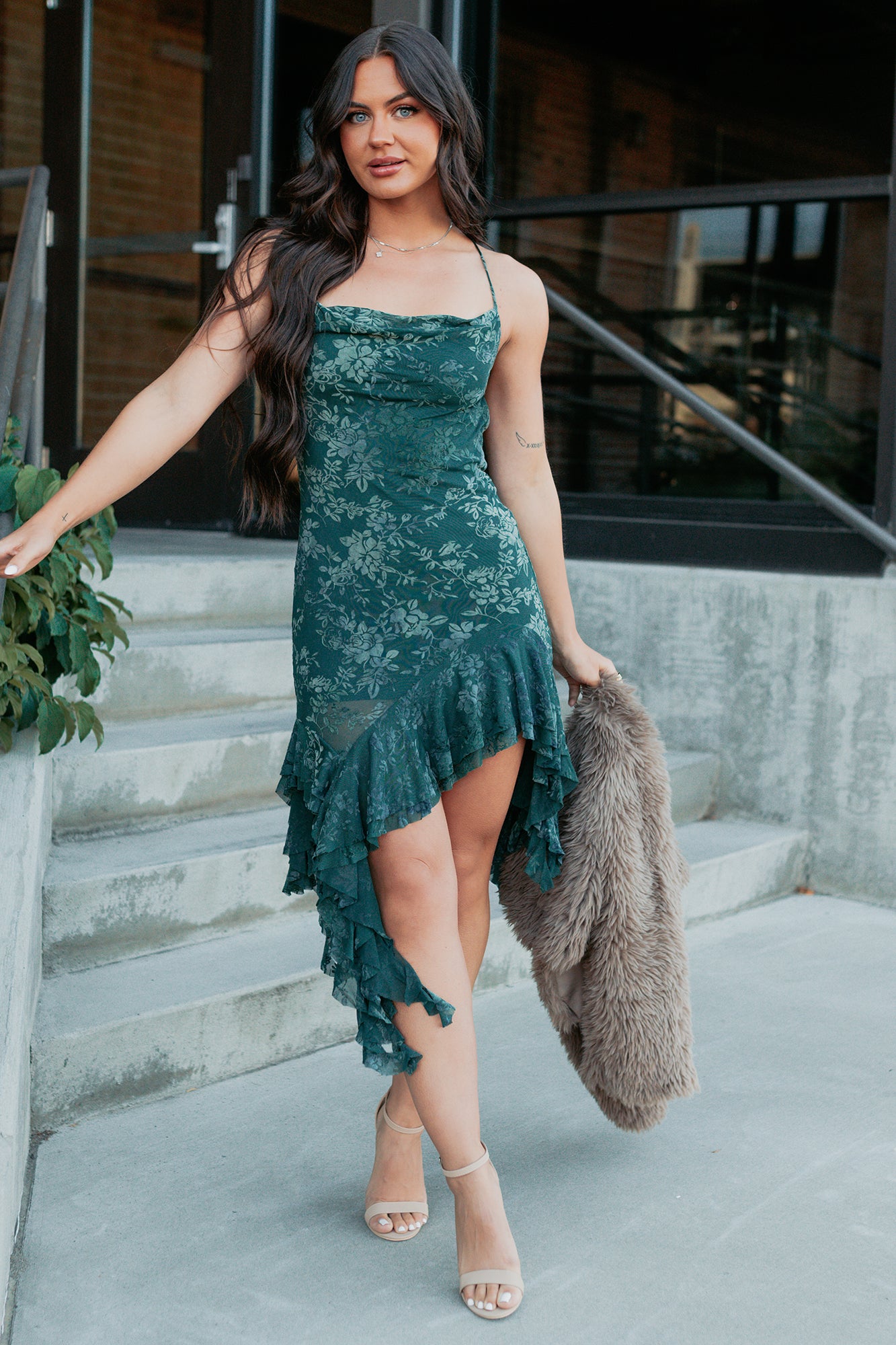 Reckless Bloom Floral Mesh Ruffle Dress (Hunter Green) - NanaMacs