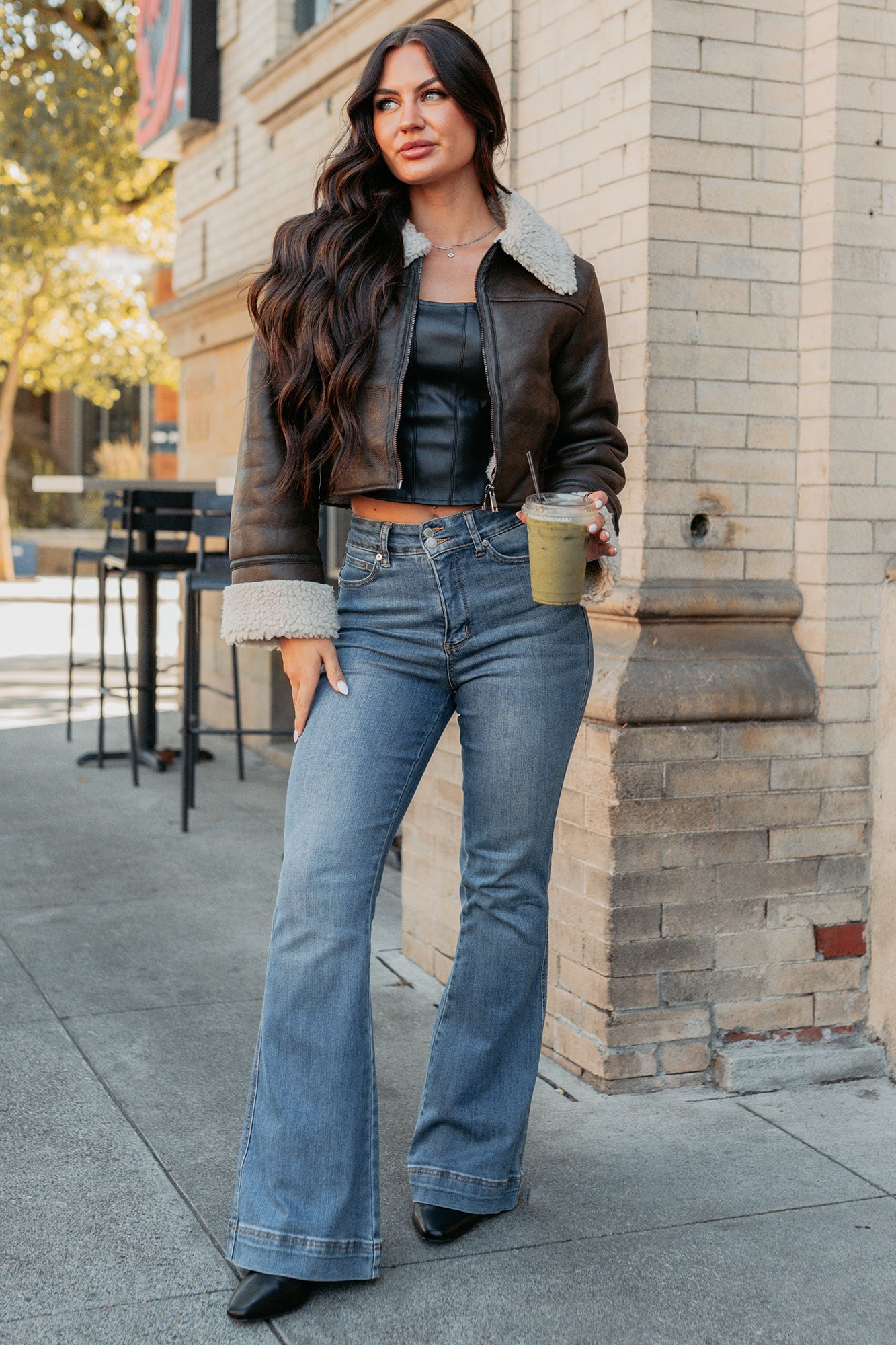 Serves You Right Sherpa Lined Faux Leather Jacket (Brown) - NanaMacs