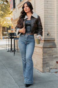 Serves You Right Sherpa Lined Faux Leather Jacket (Brown) - NanaMacs