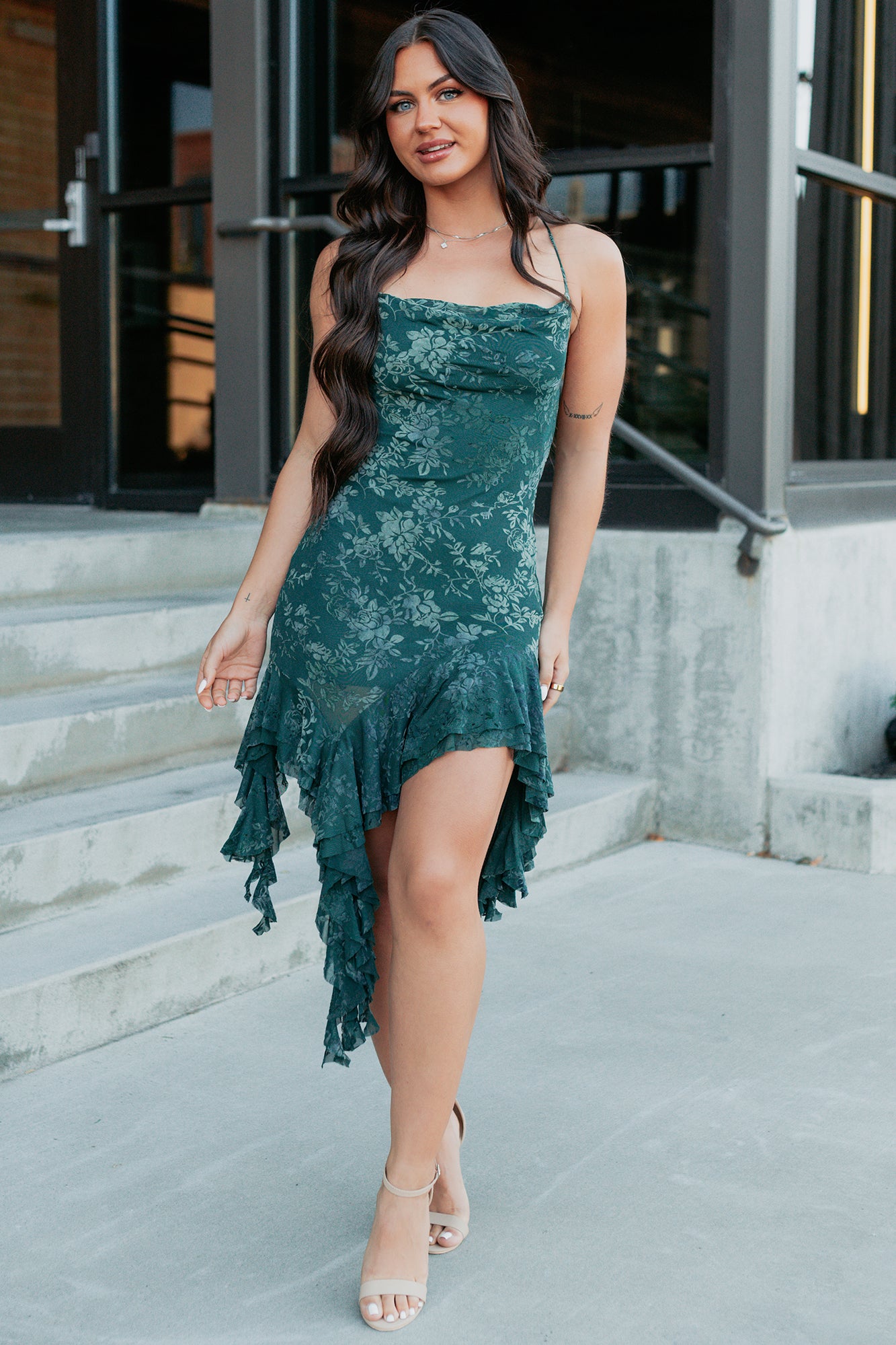 Reckless Bloom Floral Mesh Ruffle Dress (Hunter Green) - NanaMacs