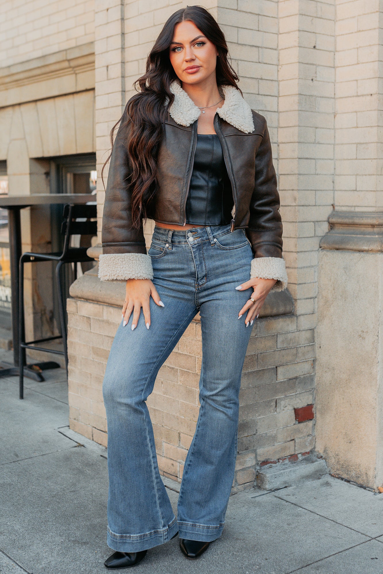 Serves You Right Sherpa Lined Faux Leather Jacket (Brown) - NanaMacs