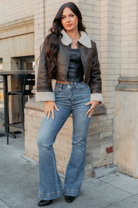 Serves You Right Sherpa Lined Faux Leather Jacket (Brown) - NanaMacs