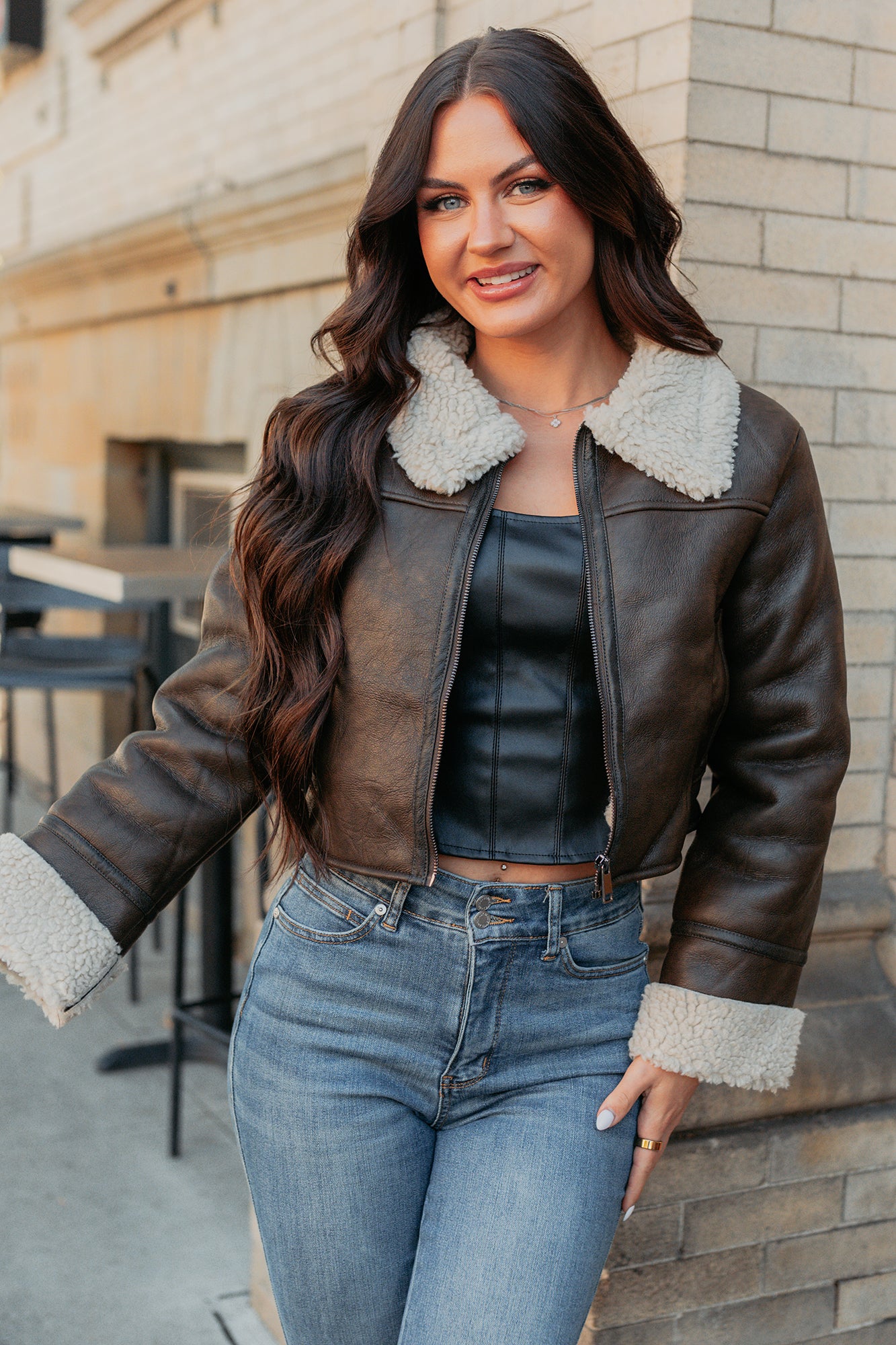 Serves You Right Sherpa Lined Faux Leather Jacket (Brown) - NanaMacs