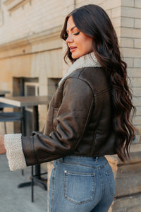 Serves You Right Sherpa Lined Faux Leather Jacket (Brown) - NanaMacs