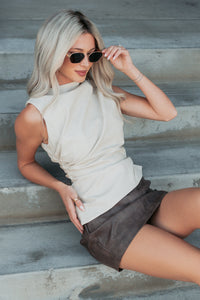 Spotlight Look Faux Leather Asymmetric Top (Beige) - NanaMacs