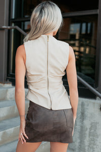 Spotlight Look Faux Leather Asymmetric Top (Beige) - NanaMacs