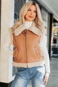 Pure Chill Sherpa Trim Faux Leather Vest (Camel) - NanaMacs