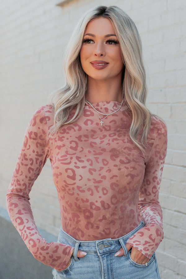 Glam Factor Leopard Print Mesh Bodysuit (Dusty Rose) - NanaMacs