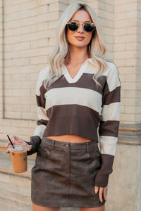 Lost Abroad Striped Knit Polo Top (Brown/Beige) - NanaMacs