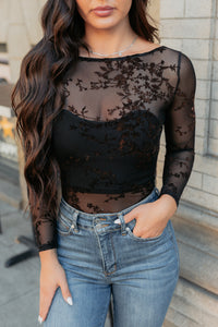 Champagne Flirt Boat Neck Mesh Bodysuit (Black) - NanaMacs