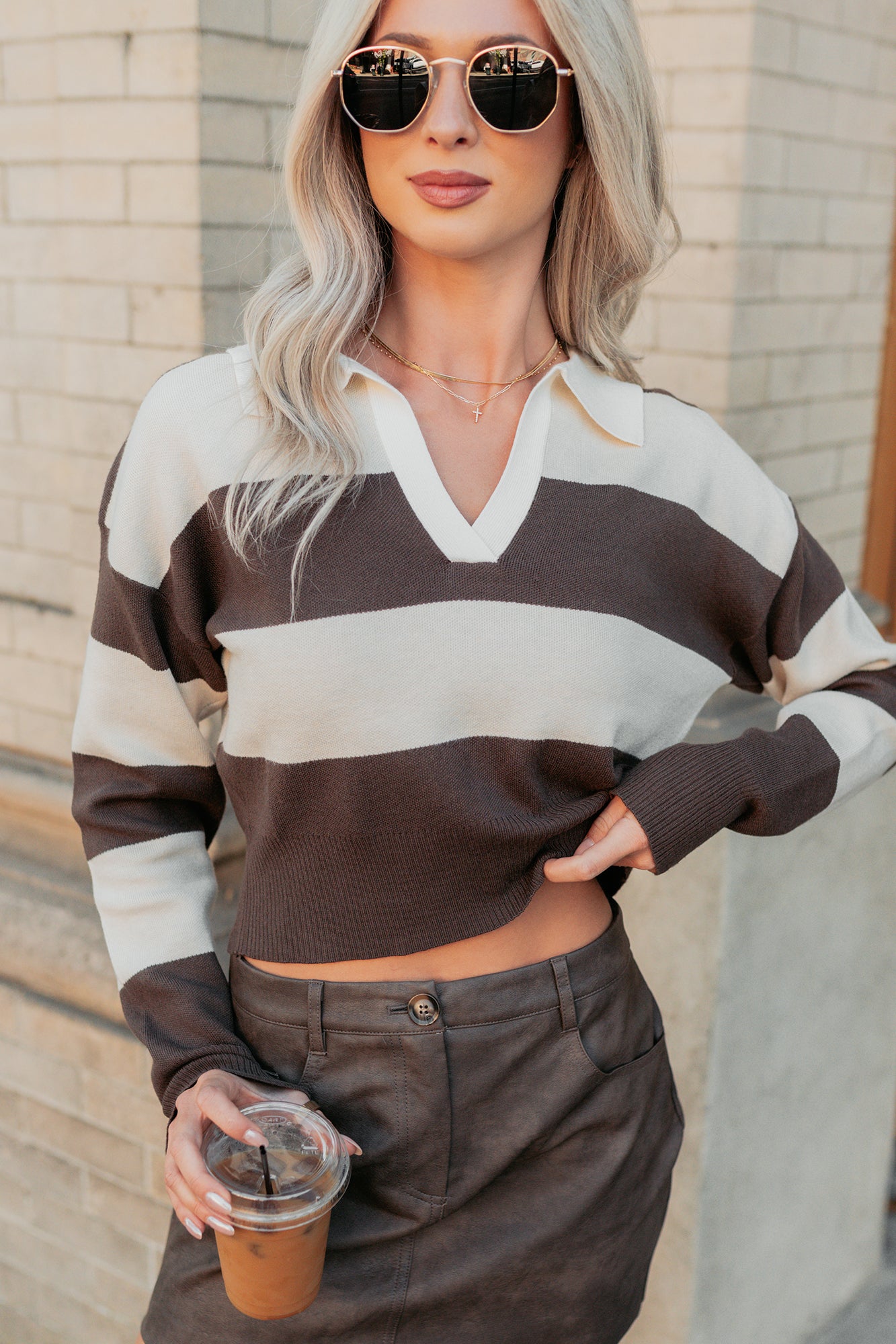 Lost Abroad Striped Knit Polo Top (Brown/Beige) - NanaMacs