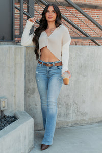 Dream Mirage Contrast Sleeve Cardigan Sweater (Sand) - NanaMacs