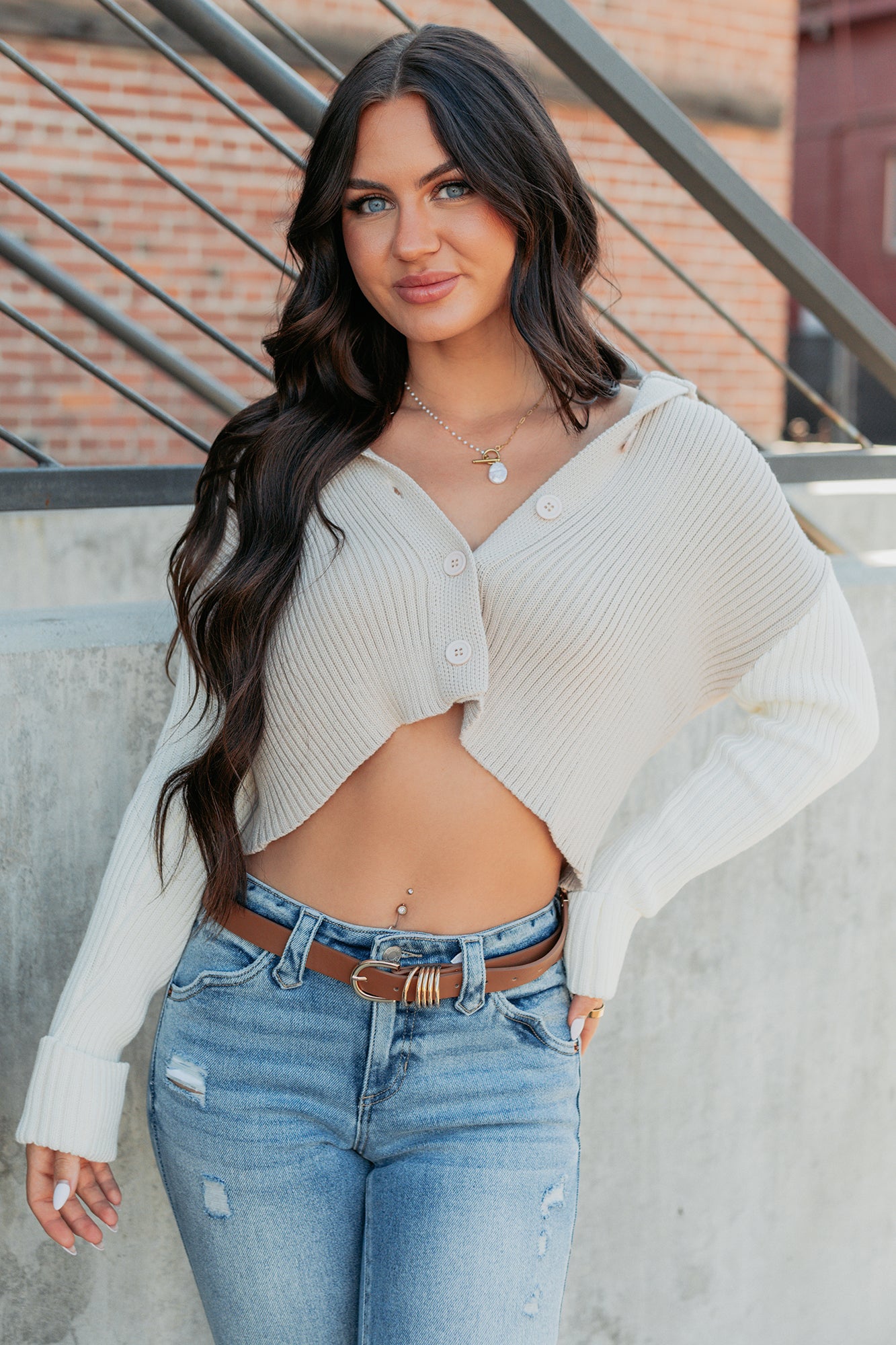 Dream Mirage Contrast Sleeve Cardigan Sweater (Sand) - NanaMacs