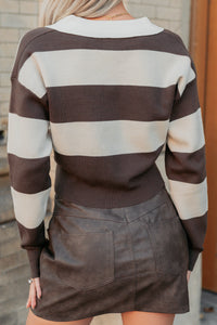 Lost Abroad Striped Knit Polo Top (Brown/Beige) - NanaMacs