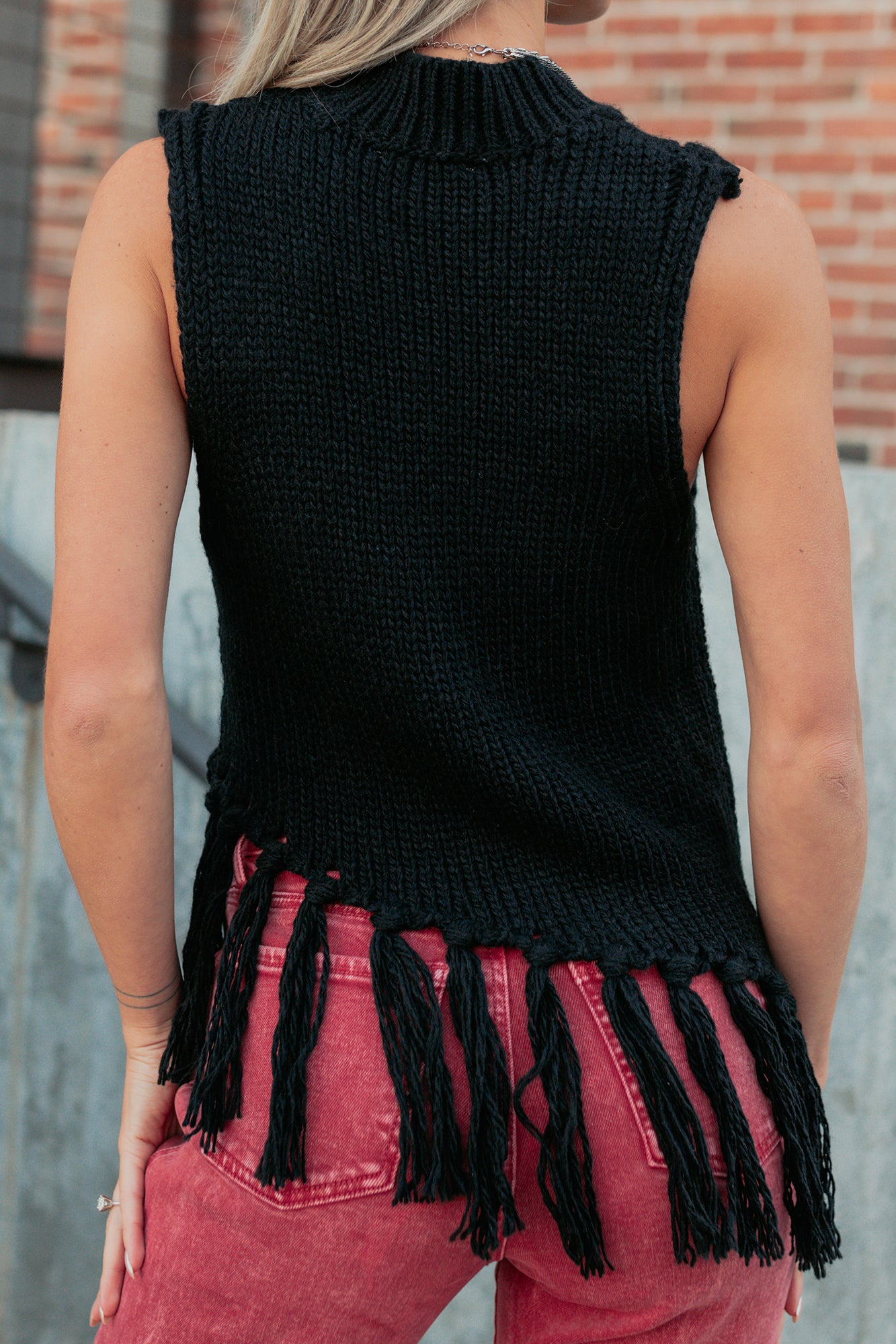 Hidden Spark Sleeveless Fringe Sweater (Black) - NanaMacs