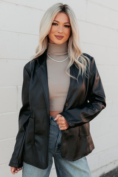 Professional Presence Faux Leather Blazer Jacket (Black) - NanaMacs