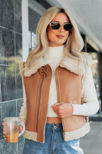 Pure Chill Sherpa Trim Faux Leather Vest (Camel) - NanaMacs