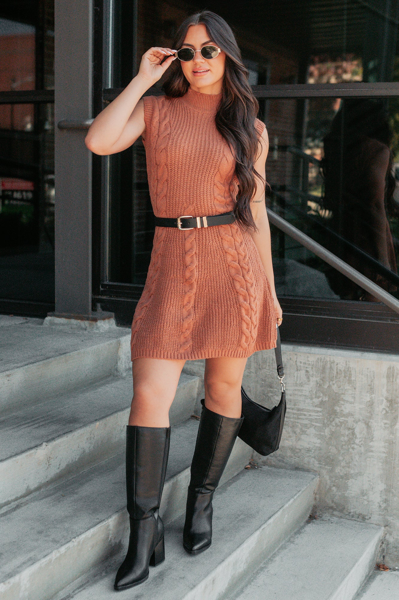 Fallen Leaves Sleeveless Cable Knit Mini Dress (Mocha) - NanaMacs