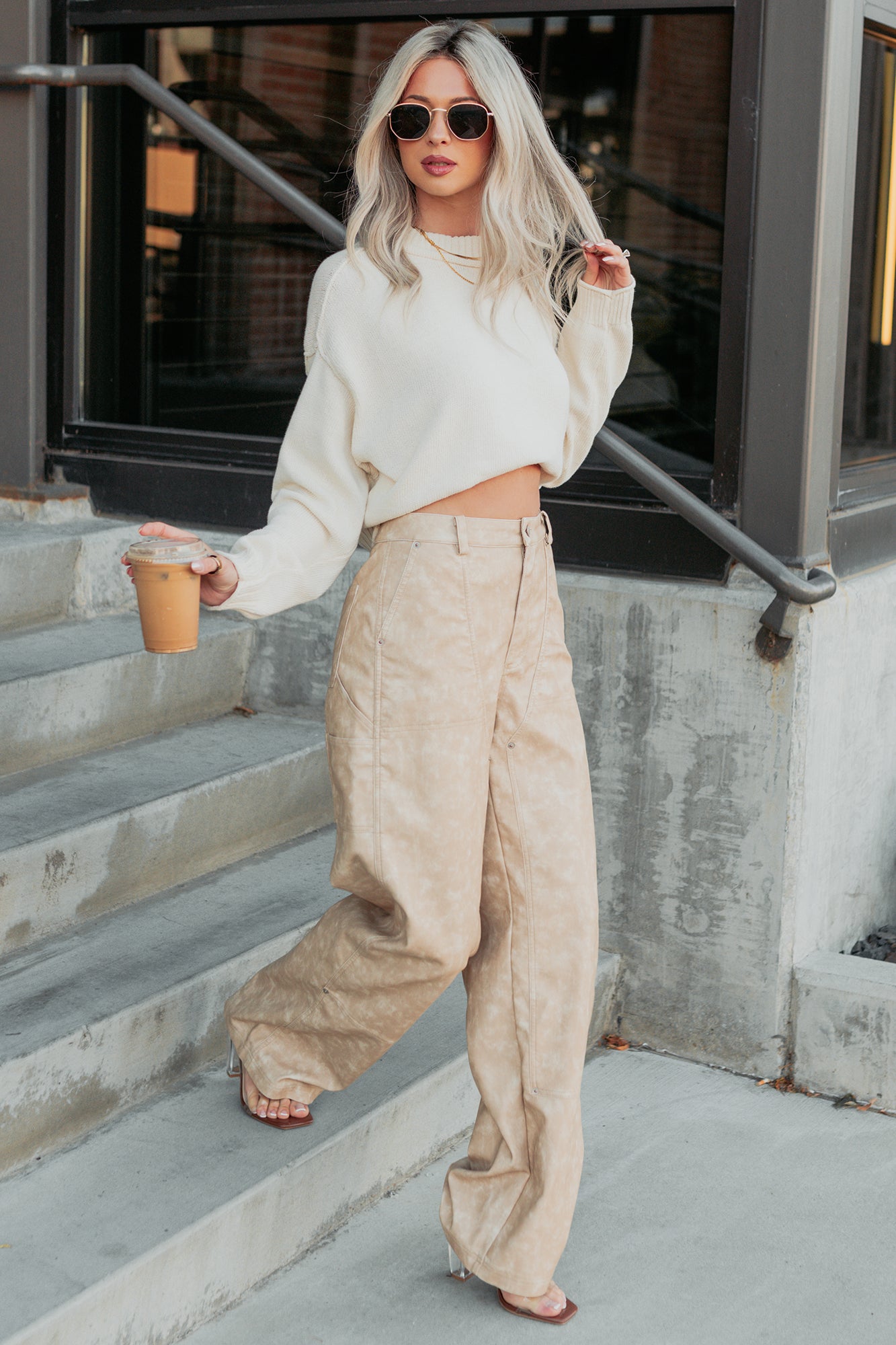 Vincent Faux Leather FORE Carpenter Pants (Beige) - NanaMacs