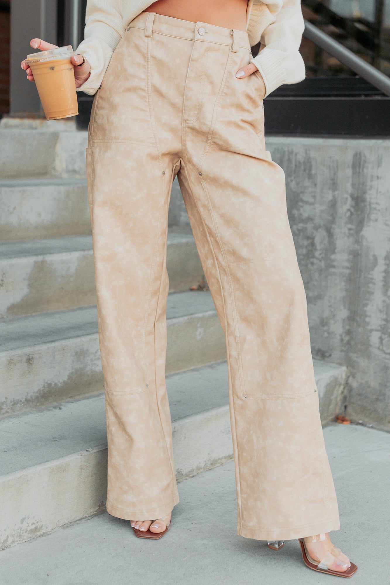 Vincent Faux Leather FORE Carpenter Pants (Beige) - NanaMacs