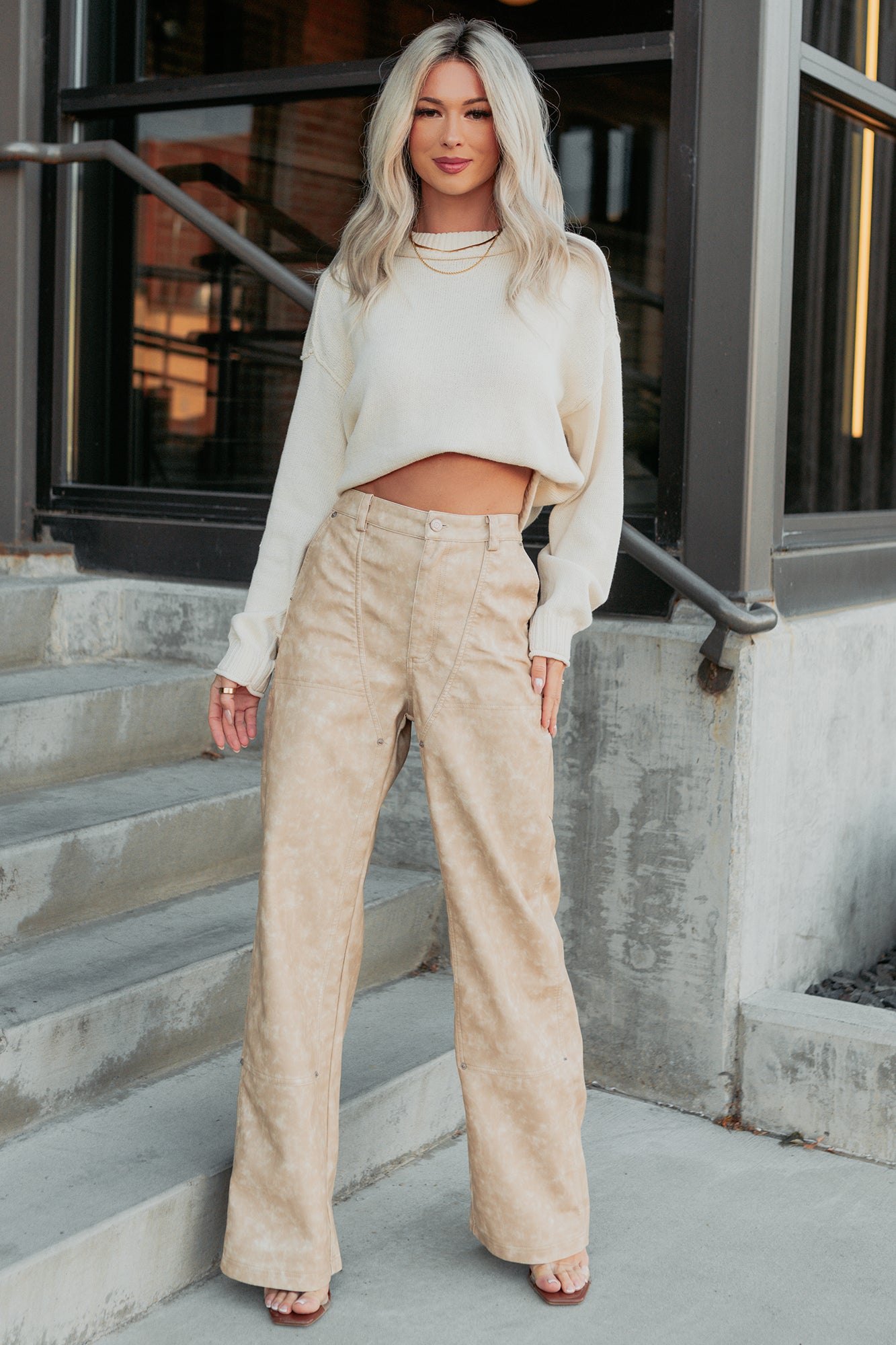 パンツ fofofofa HARVEST WHEAT BEIGE KNIT PANTS Vincent Faux Leather FORE Carpenter Pants (Beige) · NanaMacs