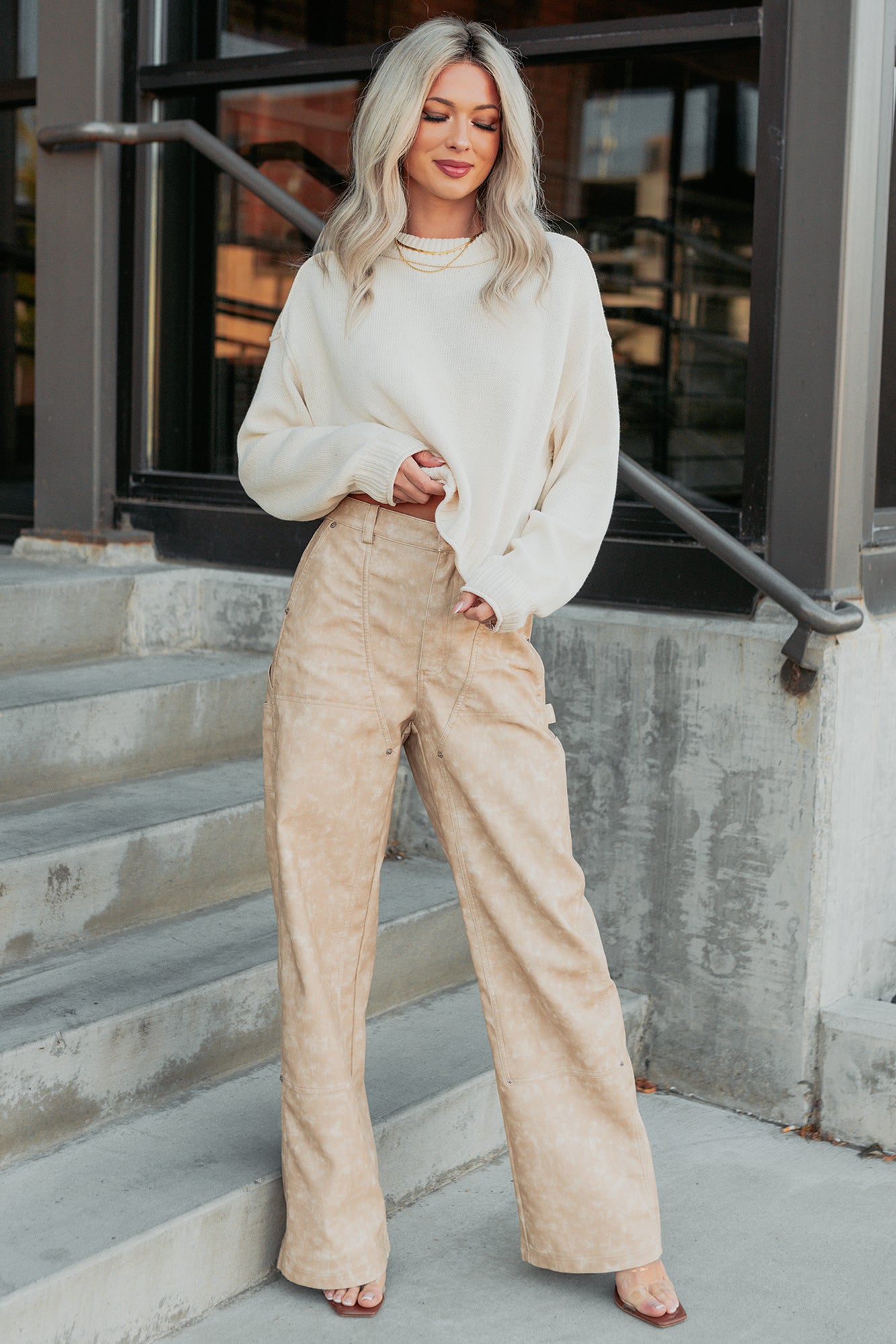 Vincent Faux Leather FORE Carpenter Pants (Beige) - NanaMacs