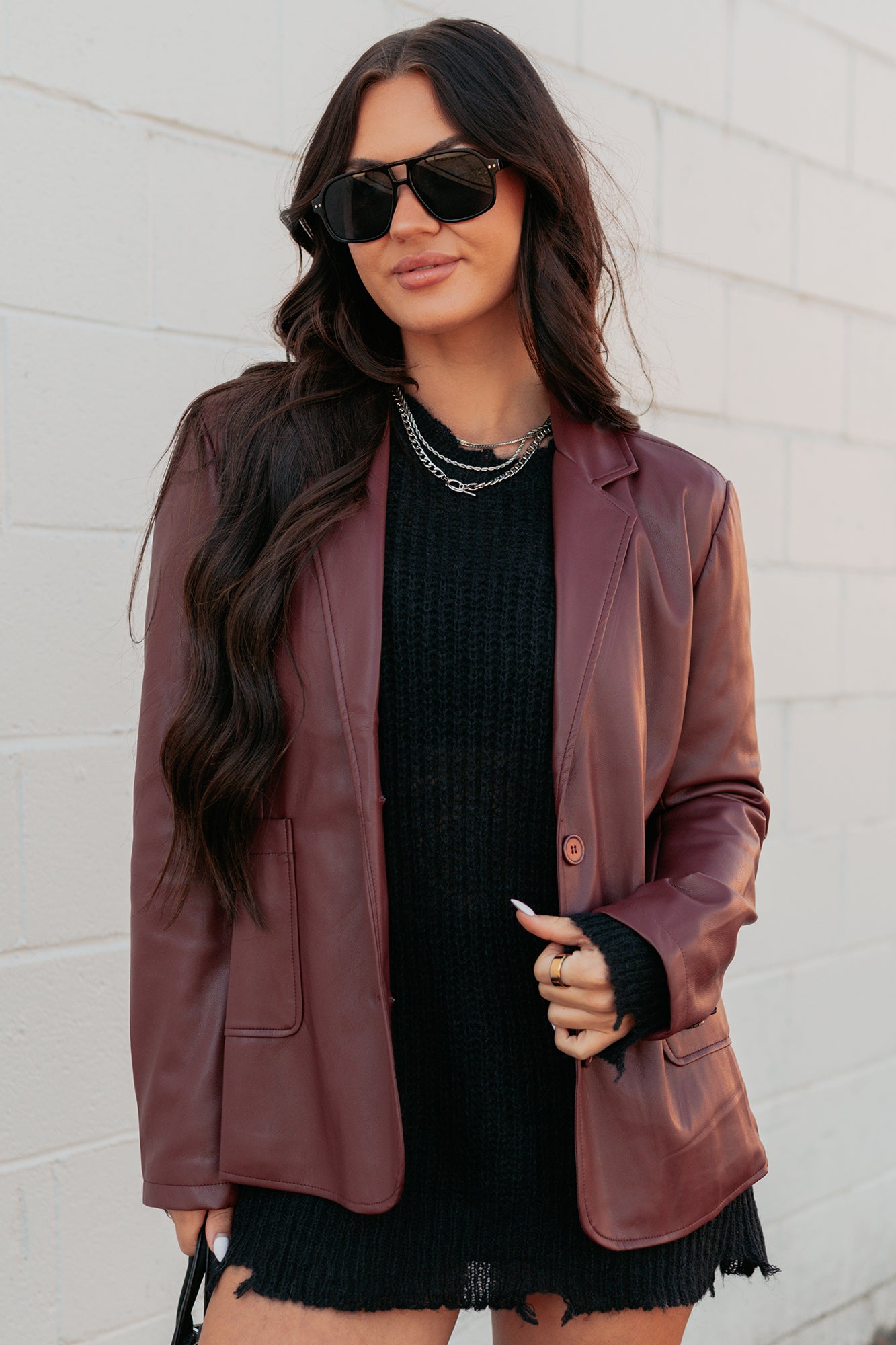 Professional Presence Faux Leather Blazer Jacket (Burgundy) - NanaMacs