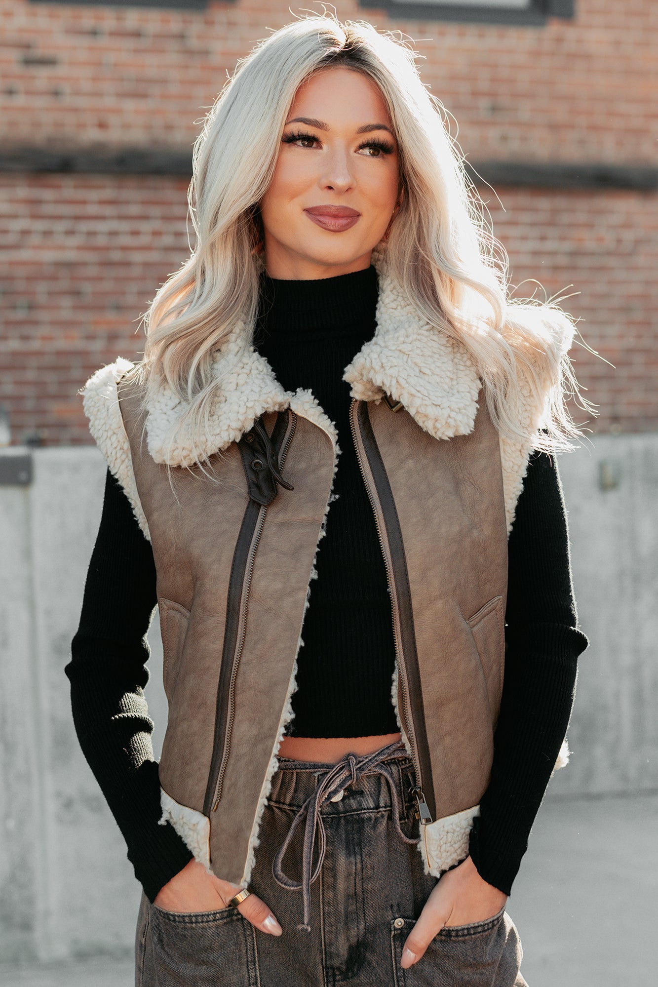 Pure Chill Sherpa Trim Faux Leather Vest (Truffle) - NanaMacs