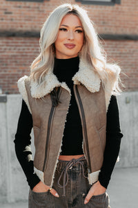 Pure Chill Sherpa Trim Faux Leather Vest (Truffle) - NanaMacs
