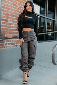 Easy Edge Faux Leather FORE Cargo Joggers (Brown) - NanaMacs