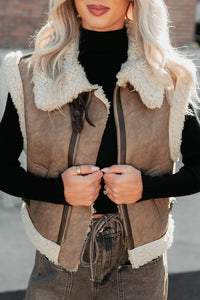 Pure Chill Sherpa Trim Faux Leather Vest (Truffle) - NanaMacs