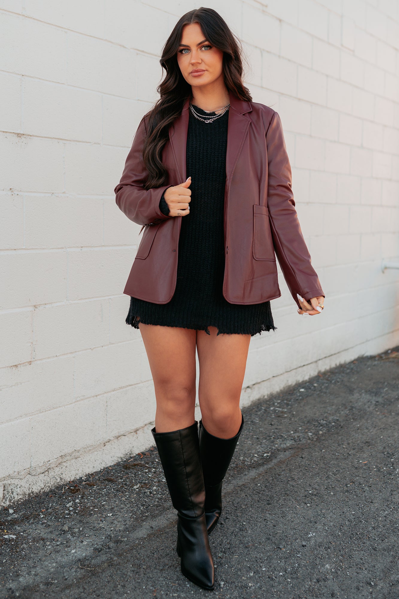 Professional Presence Faux Leather Blazer Jacket (Burgundy) - NanaMacs