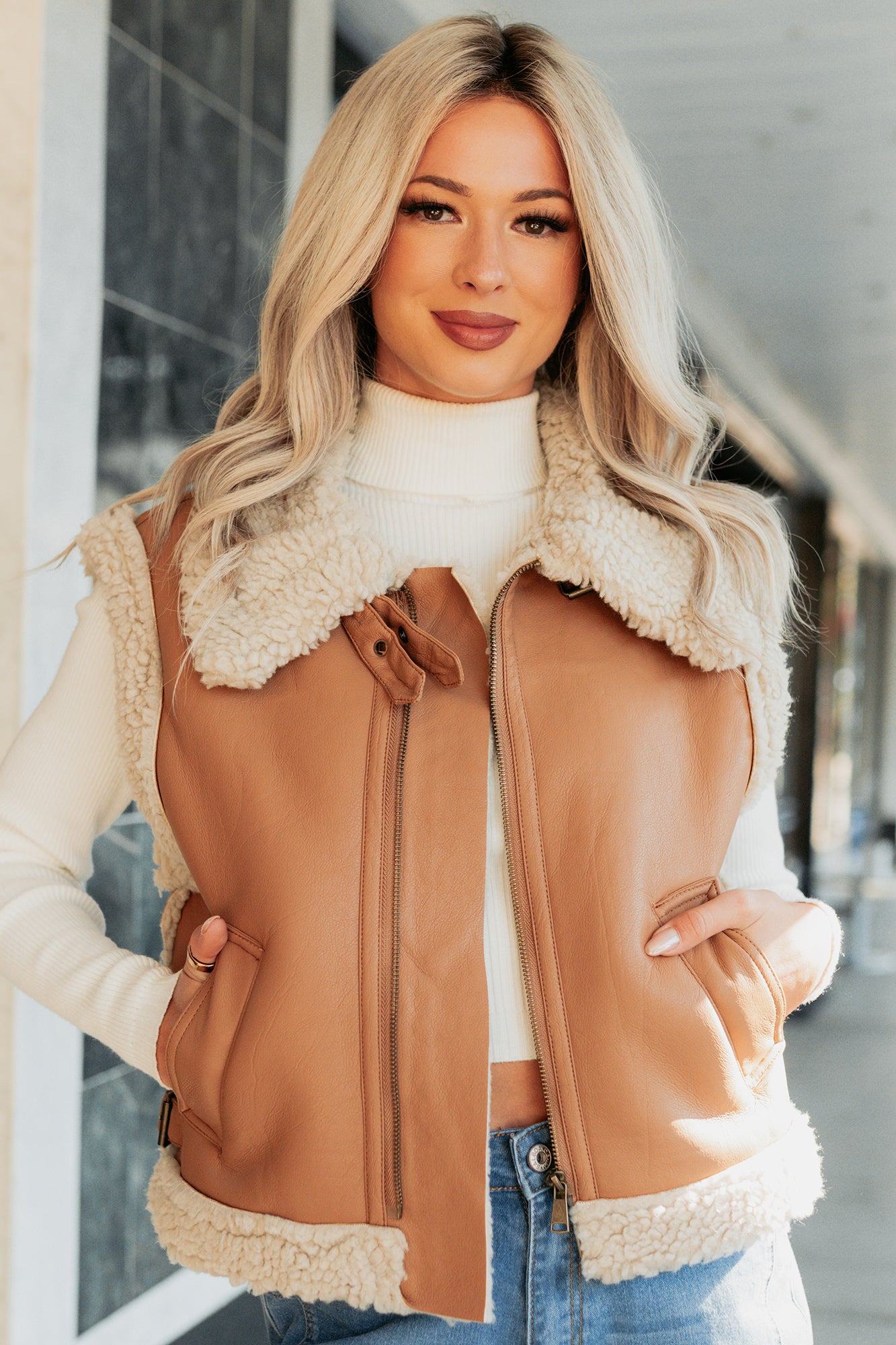 Pure Chill Sherpa Trim Faux Leather Vest (Camel) · NanaMacs