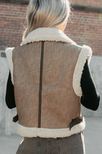 Pure Chill Sherpa Trim Faux Leather Vest (Truffle) - NanaMacs