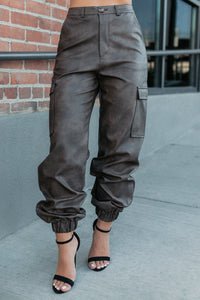 Easy Edge Faux Leather FORE Cargo Joggers (Brown) - NanaMacs