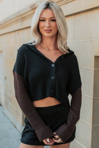 Dream Mirage Contrast Sleeve Cardigan Sweater (Black) - NanaMacs