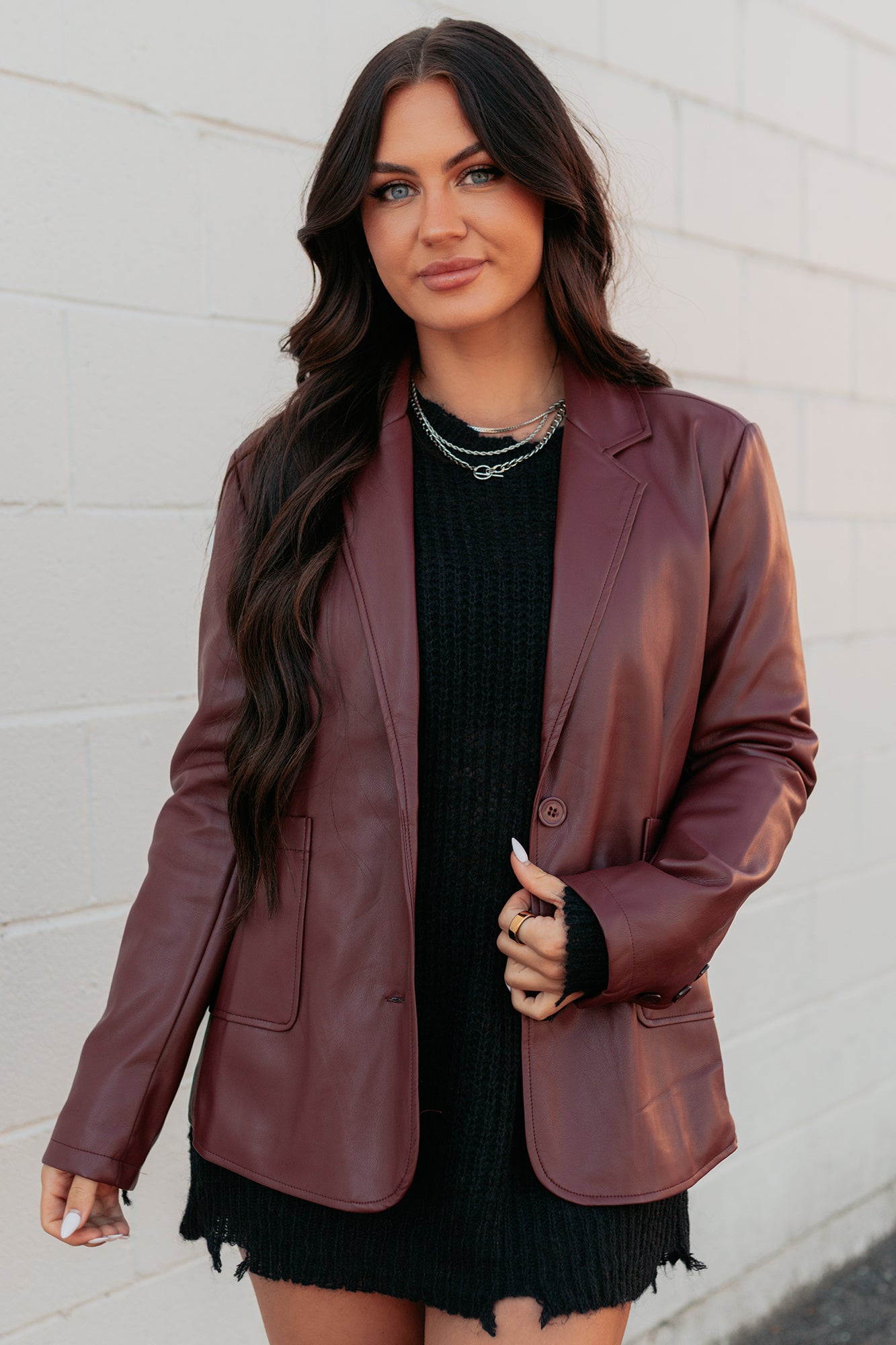 Professional Presence Faux Leather Blazer Jacket (Burgundy) - NanaMacs