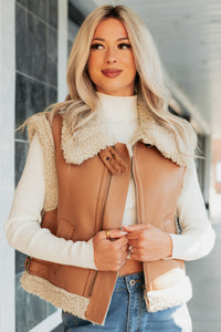 Pure Chill Sherpa Trim Faux Leather Vest (Camel) - NanaMacs