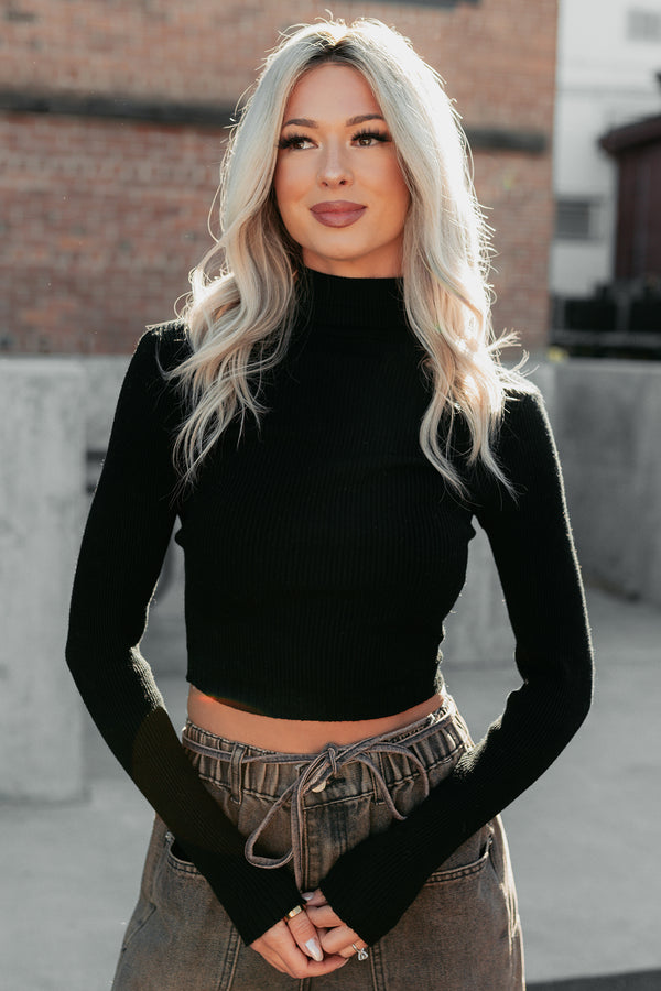 Simply Divine Ribbed Turtle Neck Crop Top (Black) - NanaMacs