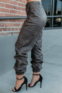 Easy Edge Faux Leather FORE Cargo Joggers (Brown) - NanaMacs