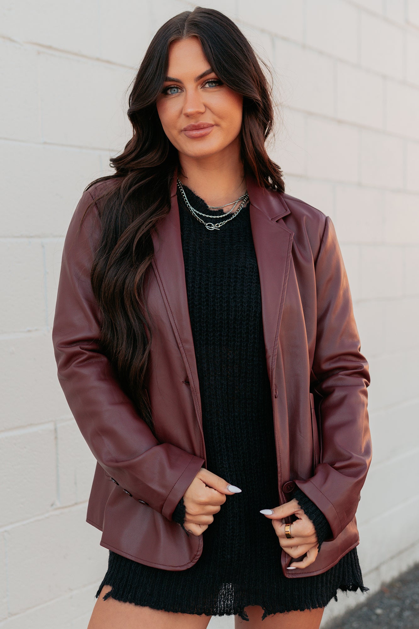 Professional Presence Faux Leather Blazer Jacket (Burgundy) - NanaMacs