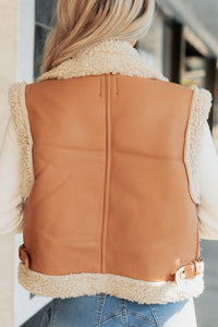 Pure Chill Sherpa Trim Faux Leather Vest (Camel) - NanaMacs